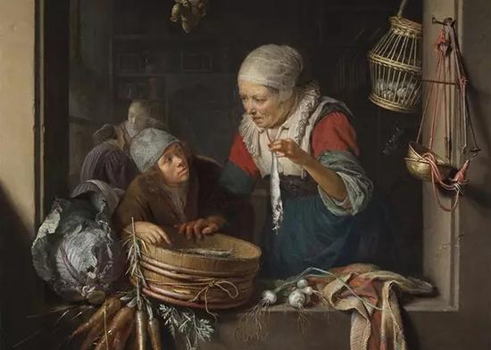 Gerrit Dou 作品《鲱鱼贩子和男孩》(局部)(约1670-1675),莱顿收藏