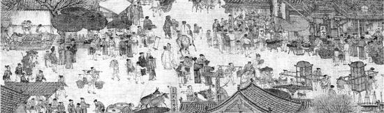 《清明上河图》(局部)描绘了北宋时期都城的繁荣景象