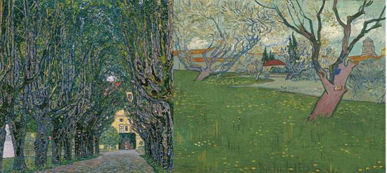 　　《Kammer宫大道》， 克里姆特，1912年； 《在阿尔勒盛开的果树园》，梵高，1889年。图片来源于网络