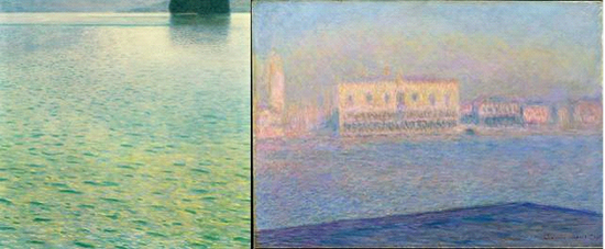 　　《阿特湖中的小岛》，克里姆特，1902年； 《从总督府看圣乔治教堂》，莫奈，1908年。图片来源于网络