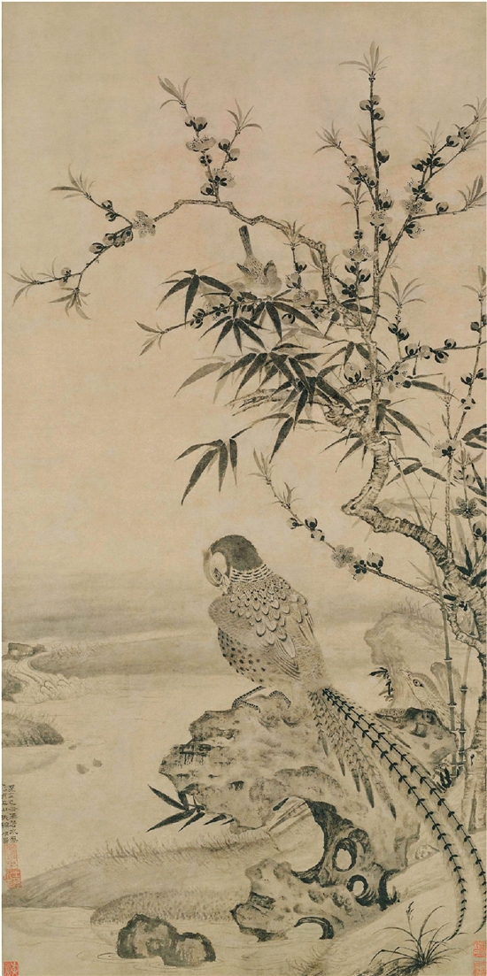 王渊 桃竹锦鸡图轴 元 纸本 102.3×55.4cm