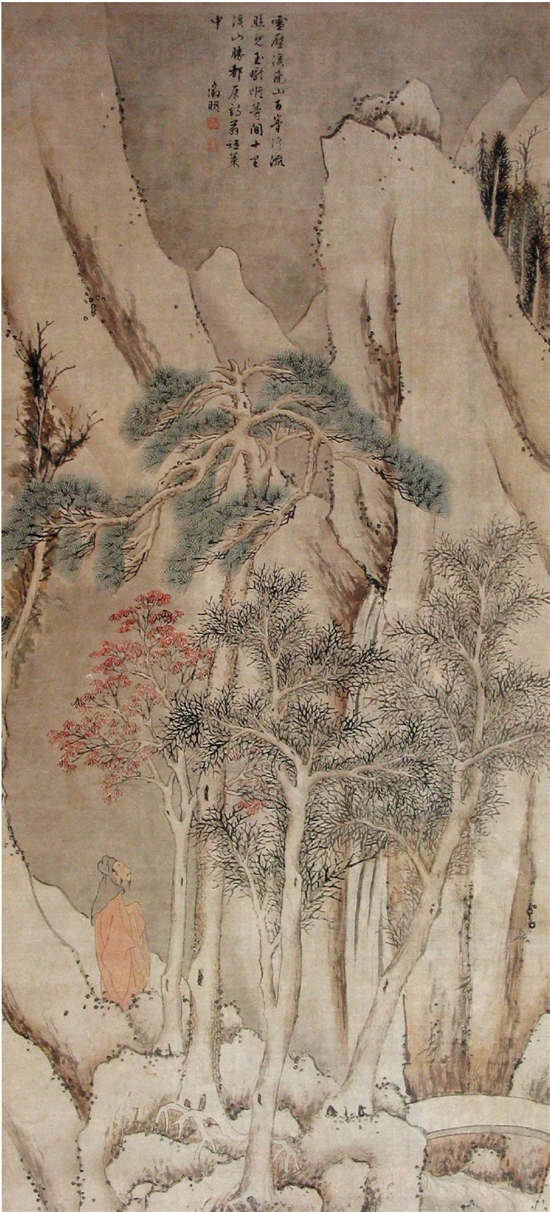 明 文徵明 雪山觅句图 183×83cm 纸本 立轴 沈阳故宫博物院藏
该图水墨浅设色绘冬景，其上雪山高耸，直插云霄，近景小桥流水旁巨树林立，一株松树尤为挺拔，左侧一人身着红衣，倚杖而立，昂首赏景，作觅句状。画面赋色以白为主，红衣青松用色沉稳，山峰逸笔草草，人物树木刻画细致，情景交融，引人入胜。画面上部作者自题七言诗并署款钤印。