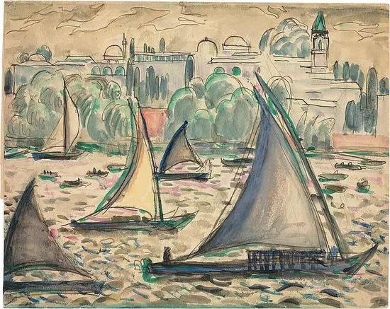 　　Le Corbusier, Sailboats in the Sea of Marmara, with Constantinople in the background, in pencil, ink and watercolour