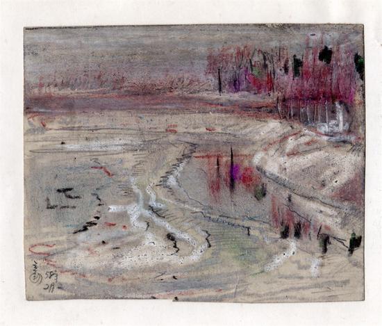 紫竹院的冬天 纸本油画棒 10.3x13cm,1958