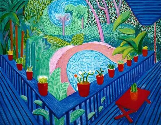 戴维·霍克尼《花园里的红色花盆》，2000年作。油彩，画布，60 x 76吋。