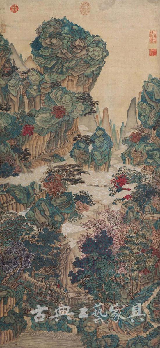 荆浩《春山行旅》立轴,计成崇拜荆浩,造园深受其影响.