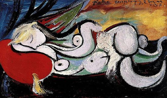 毕加索 Picasso - Lying naked on a red cushion （Marie-Therese Walter）