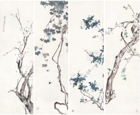 居廉《花卉四屏》

　　镜框 设色纸本

　　124×37cm×4