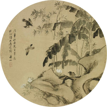 何丹山  花鸟 镜框 设色绢本 D：26cm