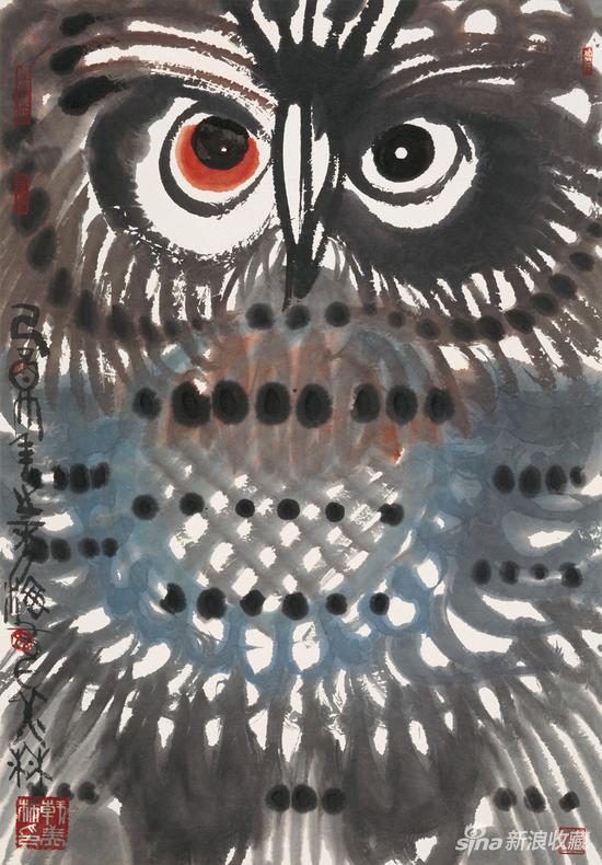 《Owl》；Material ：Xuan paper, ink and wash；Size 100×69cm；Time 2005