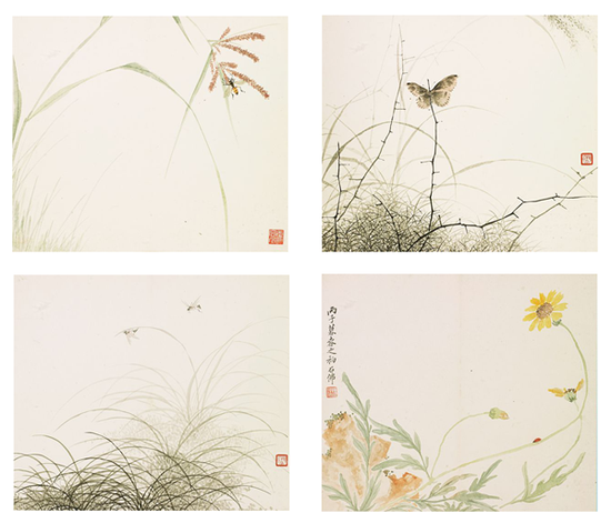 赵浩公 花卉草虫十二开(选四开) 册页 设色纸本 26×30cm×12