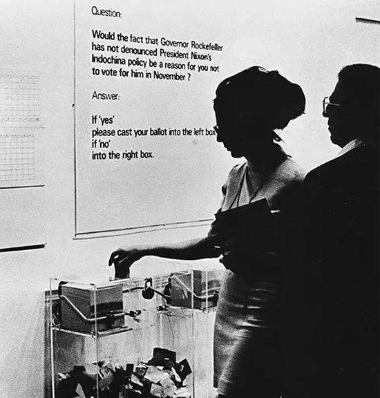 　　体制批判代表性艺术家汉斯·哈克（Hans Haacke）于1970年在纽约现代艺术博物馆展出其作品《信息》 （“Information”）