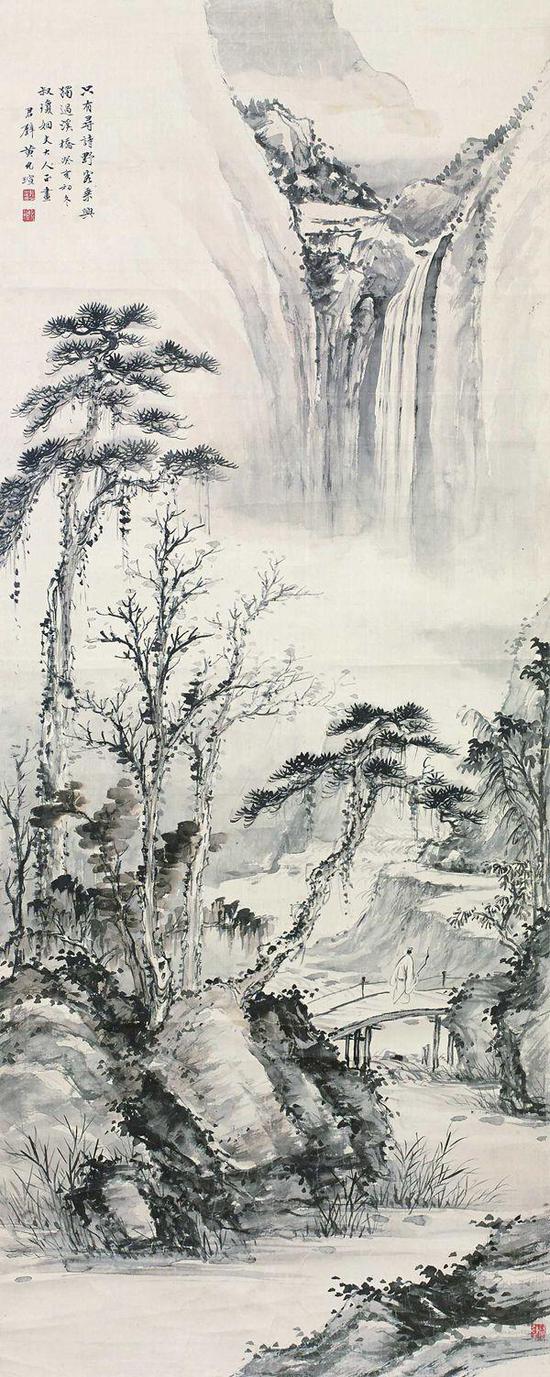 黄君璧 探幽图 镜框 水墨绢本 128×51cm