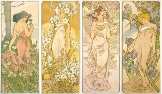 (左起)四联画《花朵》:康乃馨、百合、玫瑰、鸢尾花 1897年 平版画、纸(110×44cm、109.5×44.7cm、109.8×44.8cm、109.5×44cm)