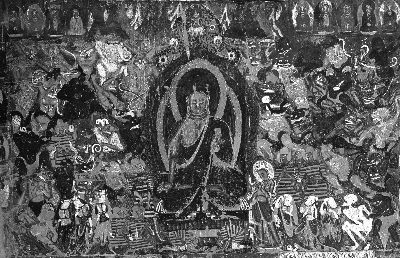 下图为莫高窟第254窟《降魔成道》壁画,上图为陈琦根据壁画绘制的线描画。