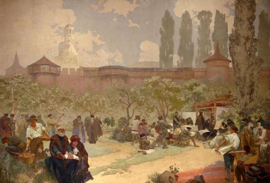 东京国立新美术馆正在举行的“穆夏画展”中的巨幅组画《斯拉夫史诗》