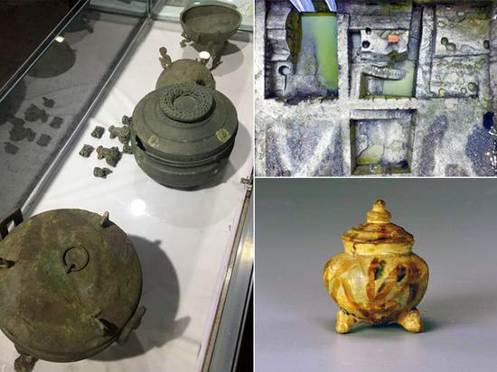 拼版图片,左:成都市青白江区大弯镇双元村发掘出土的青铜器;右上:成都市青龙街一工地发现的摩诃池西北角遗址;右下:邛窑精品邛三彩香炉。