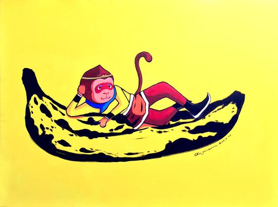 美猴王与大香蕉 布面丙烯 120X90cm 2015年