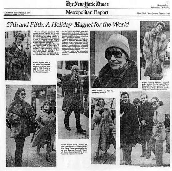 　　1978年12月30日，比尔在《纽约时报》上第一次开了自己的街拍专栏，版面右上方那位戴着墨镜和帽子的女士就是好莱坞明星葛丽泰·嘉宝（Greta Garbo）