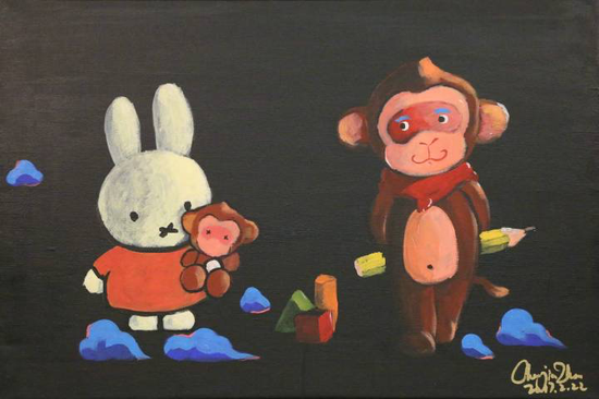 陈建周油画作品《米菲兔与乖乖猴》