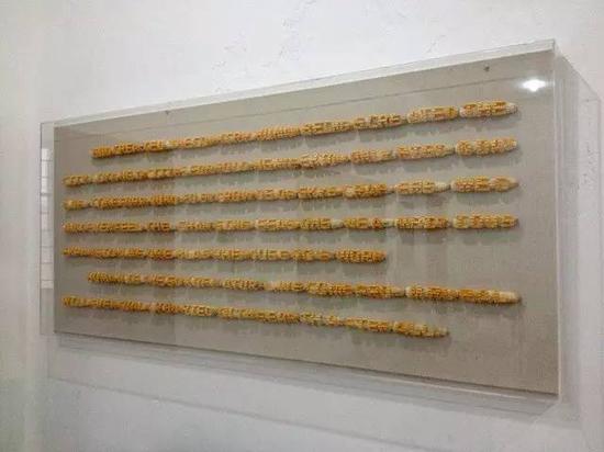 司建伟《人类的诗歌》

材质：玉米、亚克力等

尺寸：10x210x90cm