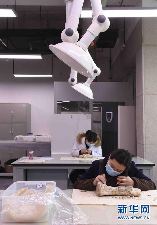 2月27日,成都考古研究所文物保护与修复中心工作人员在对出土的匍匐俑进行清理。