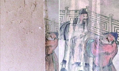 龙天庙戏台壁画被盗前后对比图