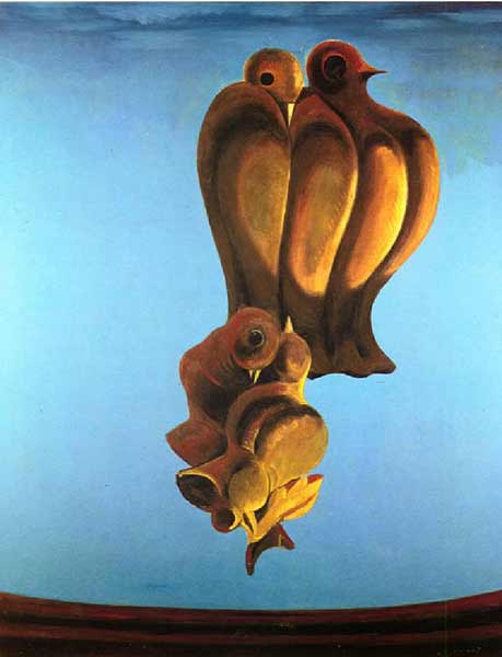 马克斯·恩斯特《鸟类纪念碑》布面油画，162.5×130cm，1927年