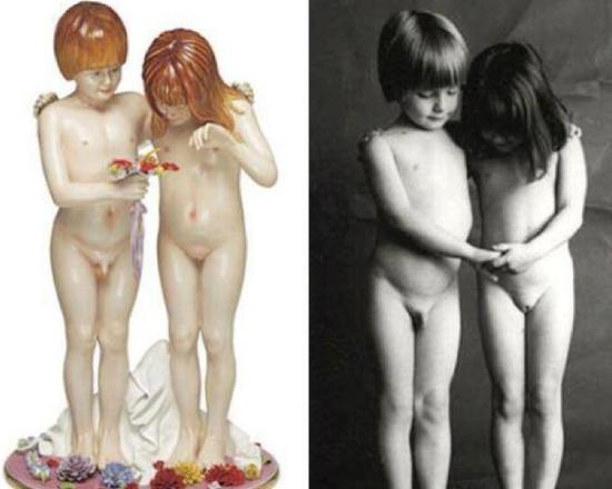 让·弗朗索瓦·鲍雷的摄影作品《Enfants》(《孩子》)(左),与昆斯雕塑作品《裸体,1988》(右)