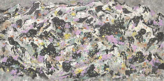 　　Wu Guanzhong. The Yulong Mountains at Sunset. 2006. Chinese ink and colour on paper. 23.8 x 245.6 cm. Gift of the artist.