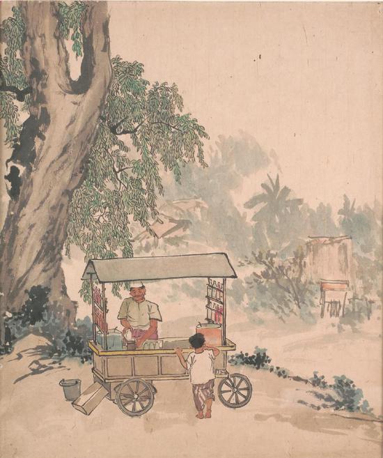 　　Chen Chong Swee. Ice Kachang Vendor. 1950s–1960s. Chinese ink and colour on paper. 51.4 × 53.3 cm. Gift of the artist's family.