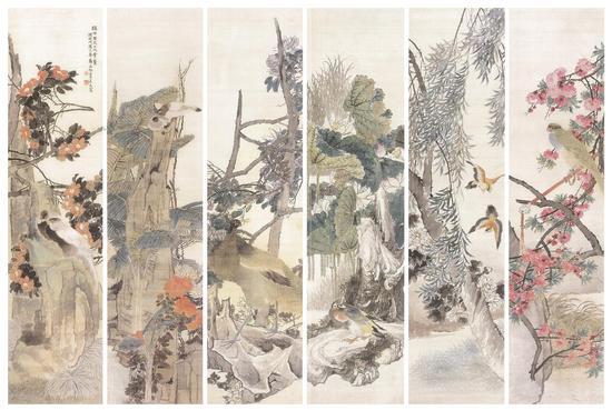  Ren Xun. The Scent of Flowers and Singing of Birds. 1868. Chinese ink and colour on silk. Xiu Hai Lou Collection.