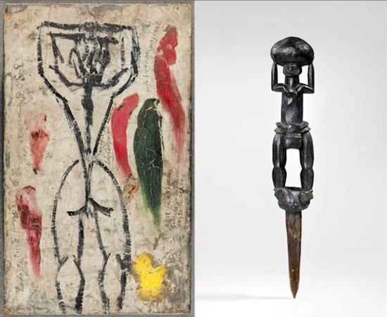　　毕加索《高举手臂的人体》（《阿维尼翁的少女》创作草稿）（左图），1907年5月；新喀里多尼亚卡纳克人形木桩（右图）