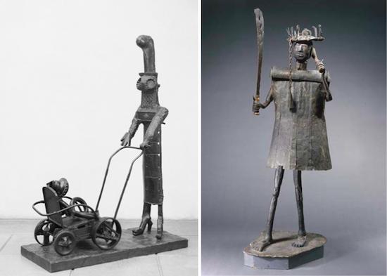 　　毕加索《推童车的女人》，1950年，青铜雕塑（左图）；非洲艺术家Akati Ekpl kendo《献给Gou神的雕像》，约1858年，木雕包裹锻打铁皮（右图）
