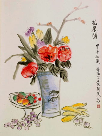 关良 花果图 立轴 设色纸本 1984年作 91×67cm