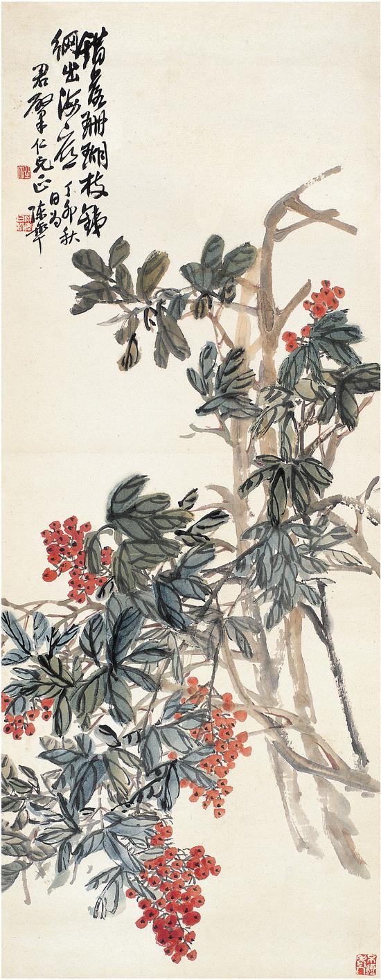 陈半丁  珊瑚枝图 立轴 设色纸本 95×37.5cm 1927年作 成交价：34.5万元（西泠拍卖供图）