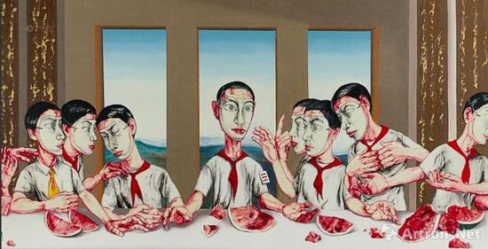 曾梵志 2001年作 《最后的晚餐》 油画画布 220×395cm 成交价为1.8亿港元。香港蘇富比拍卖有限公司2013年秋季拍卖会