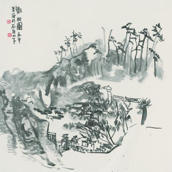 李岗 观松图 2016年 68x68 纸本水墨