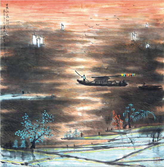 《日出东方红似火》68×68cm 2012年