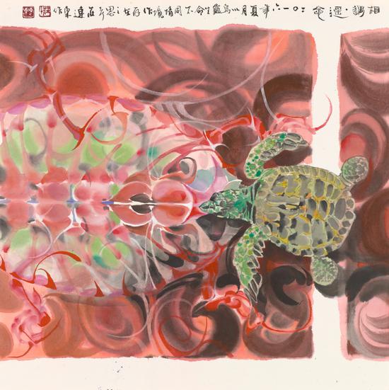 庄连东 ，〈相遇回视--相遇?遥念〉，2016，60x60cm ，绘  、墨、彩、纸
