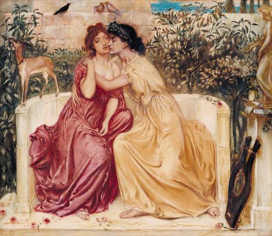 　　《萨福和埃丽娜在米蒂利尼的花园》（Sappho and Erinna in a Garden at Mytilene），1864年，西蒙·所罗门