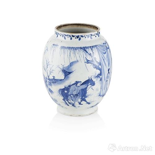 20  Lot67  BLUE AND WHITE TRANSITIONAL 'ROMANCE OF THE THREE KINGDOMS' JAR