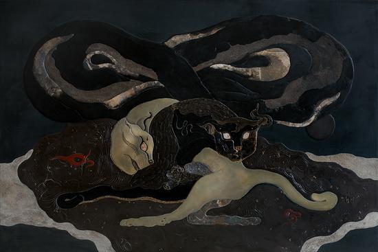 B二等奖8区廷柱《夜鸣》120x80cm 漆画 2016 广美