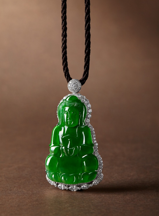 　　天然翡翠‘观音’配钻石吊坠

　　JADEITE‘GUAN YIN’AND DIAMOND PENDANT