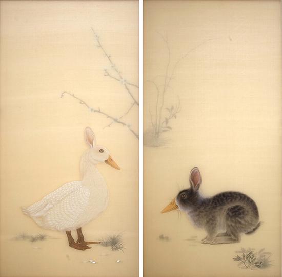 冯 峰  鸭兔图（双联画）  绢、纸、亚克力   136cm×70cm×2   2012-2013 年