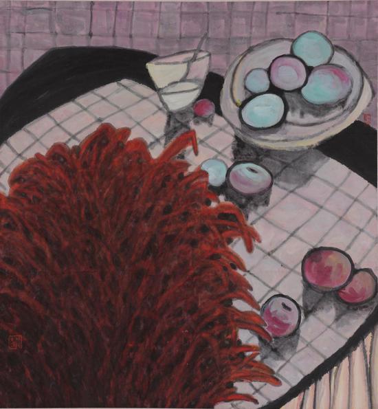 杨佴旻《有绿果子的静物》 设色纸本 80×75cm 2004年