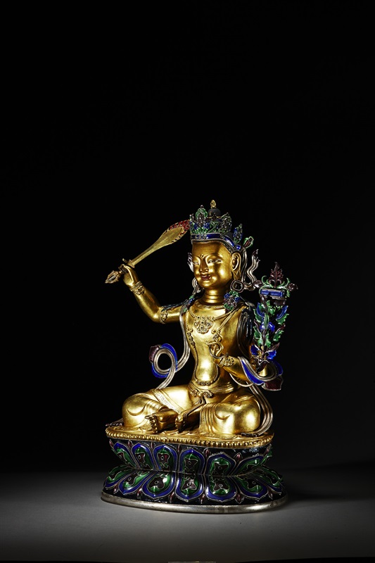 2017艺术厦门联合拍卖会精品:烤蓝文殊 铜鎏金 银烤蓝 38cm 清代宫廷