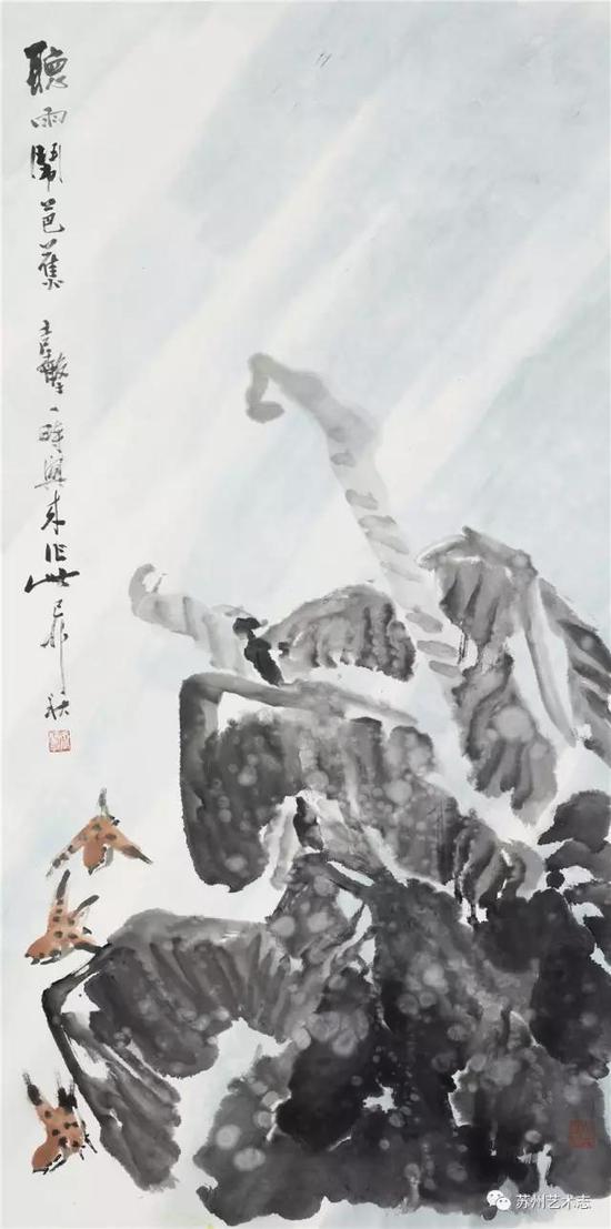 听雨闹芭蕉 1999年 国画 136cm×68cm