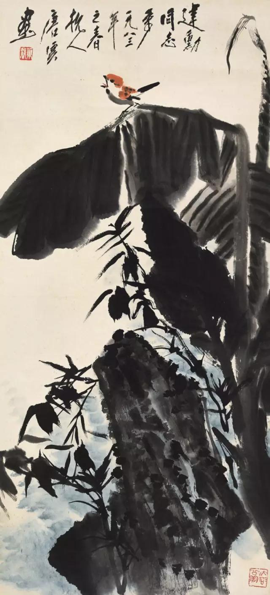 Lot442 唐云(1910-1993) 芭蕉鸣禽 立轴 设色纸本 1983年作 95.5×44cm. 约3.8平尺