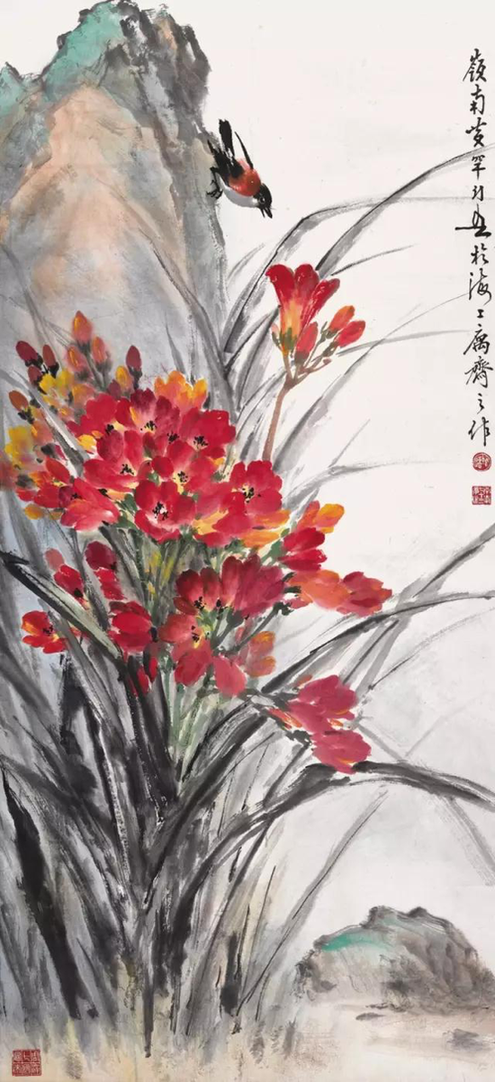 Lot440 黄幻吾（1906-1985） 群芳艳处禽欲来  立轴 设色纸本 104.5×48cm. 约4.5平尺 